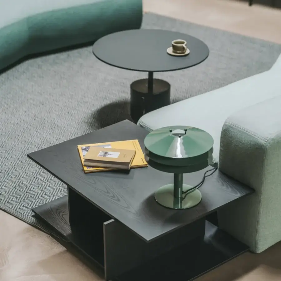 Distinguished Lapalma Plus side table in dark gray Fenix® HPL with geometric design and open storage shelf crafted in Italy