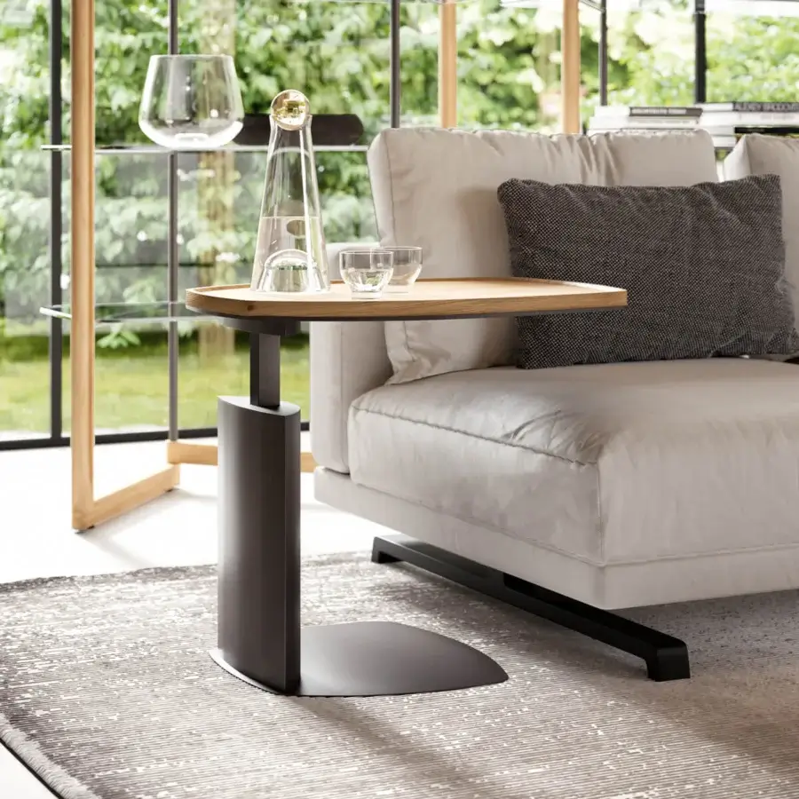 Exclusive Ozzio Italia Zoom side table with shaped metal top and oval light brown wooden tray in graphite finish