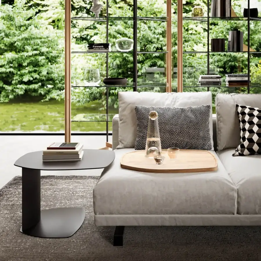 Superior Ozzio Italia Zoom side table with shaped metal top and curved graphite coated structure offering height adjustability