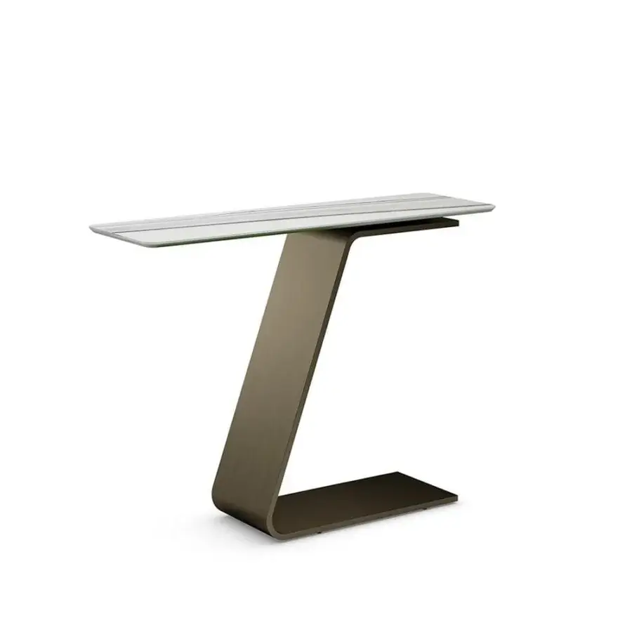 Exceptional Reflex Oh console crafted in curved extra clear glass with a smoked glass top and bronze finish
