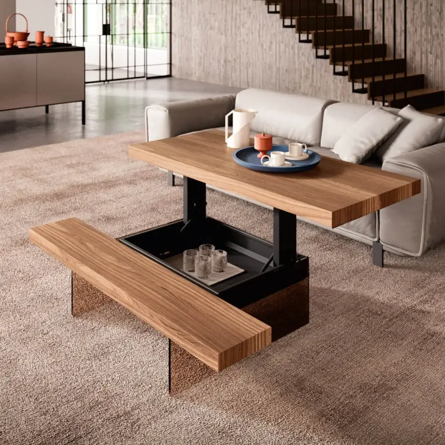 Superior Ozzio Italia Markus lift top coffee table with warm brown wood and sleek black metal structure