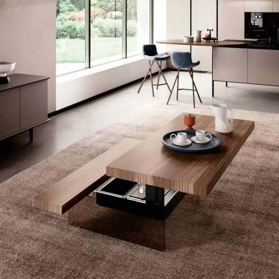 Innovative Ozzio Italia Markus lift top coffee table with reflective glass legs and warm medium brown wood construction