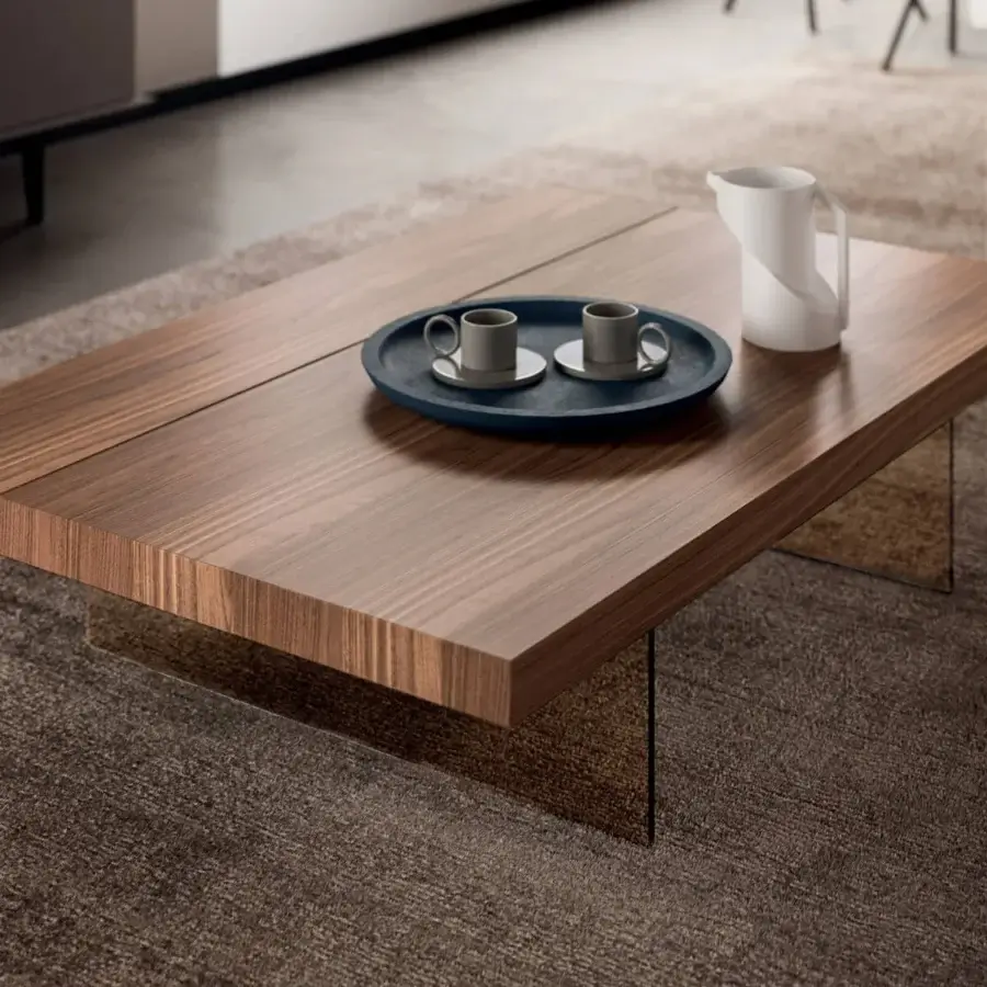 Distinguished Ozzio Italia Markus lift top coffee table with a rich brown wooden top and sleek glass legs