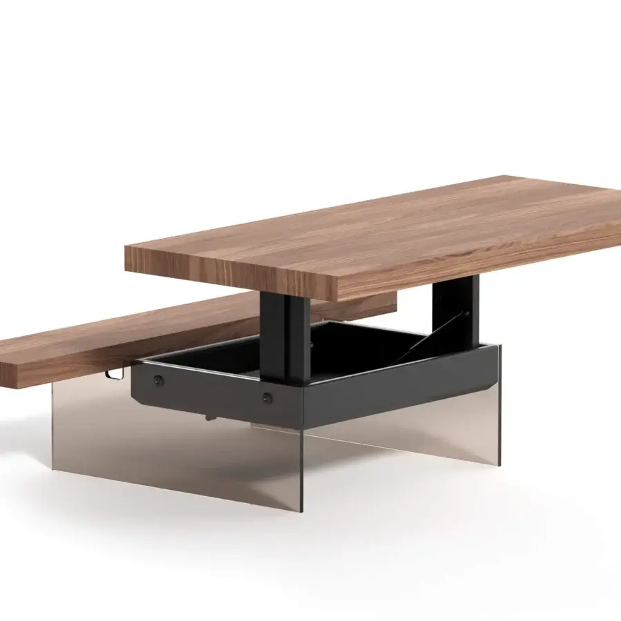 Superior Ozzio Italia Markus lift top coffee table with warm brown wood and sleek matte black metal with translucent glass legs