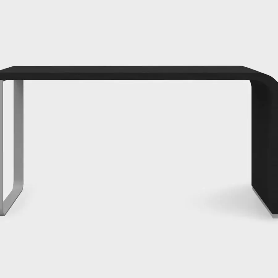 Superior Lapalma Brunch desk with a curved honeycomb board tabletop in black veneer and powder coated black metal base
