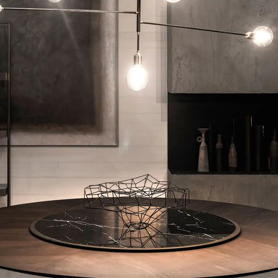 Exceptional Cierre1972 Tao table with a round wooden top and ceramic Lazy Susan in a marble effect with dark brown finish
