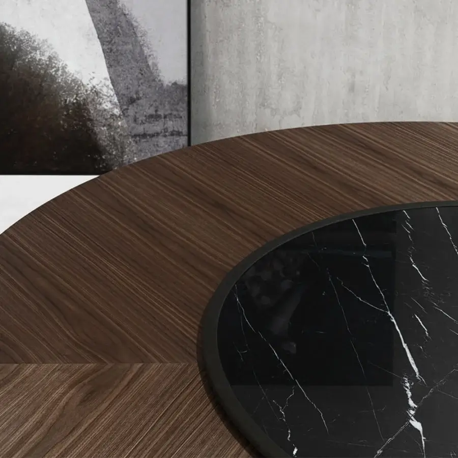 Superior Cierre1972 Tao table with a round wooden top and striking ceramic Lazy Susan turntable in glossy black marble effect