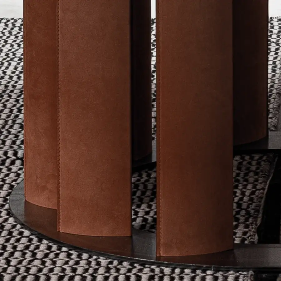 Distinguished Cierre1972 Tao table with a round wooden top and ceramic Lazy Susan turntable in a marble effect with a suede-like base and matte finish