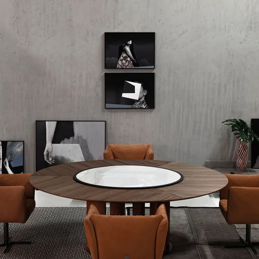 Exceptional Cierre1972 Tao table with a round wooden top and ceramic Lazy Susan in a marble effect finish
