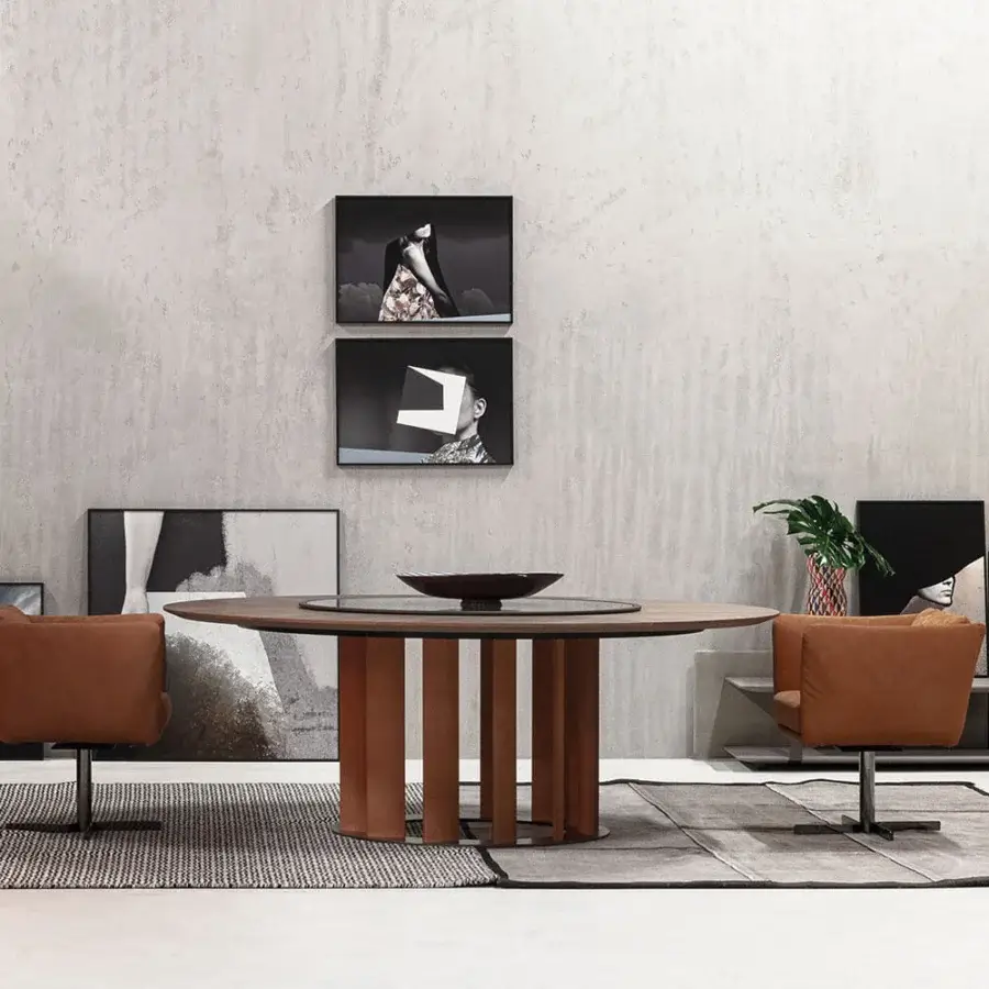 Captivating Cierre1972 Tao table with a round wooden top and sculptural base crafted in ceramic with a marble effect