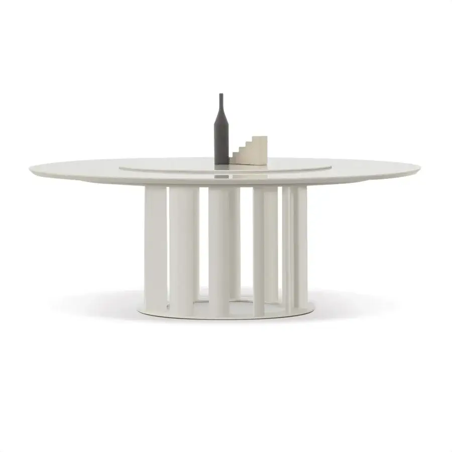 Exceptional Cierre1972 Tao table with a round wooden top and ceramic Lazy Susan in a marble effect finish
