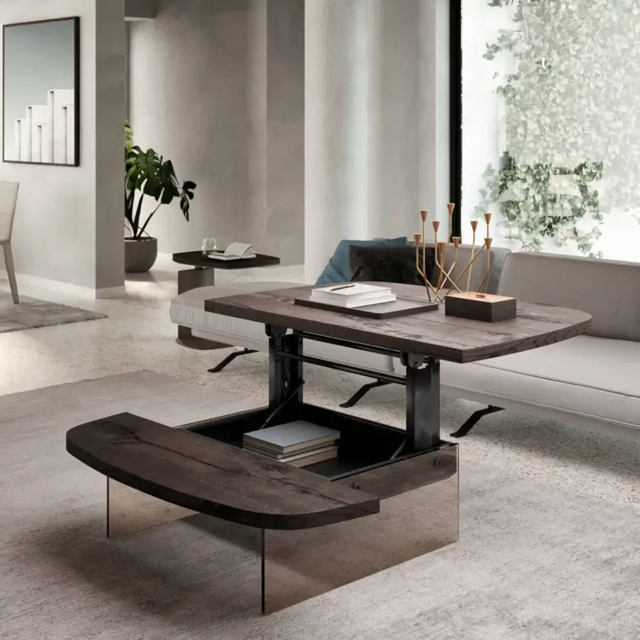 Elegant Ozzio Italia Aurelius lift top coffee table with dark wood and transparent glass legs crafted in Italy