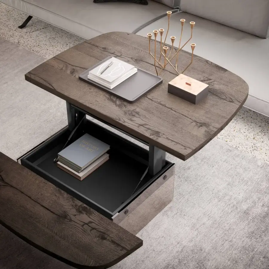 Distinguished Ozzio Italia Aurelius lift top coffee table with rounded wood and sleek glass legs in a medium tone with matte finish
