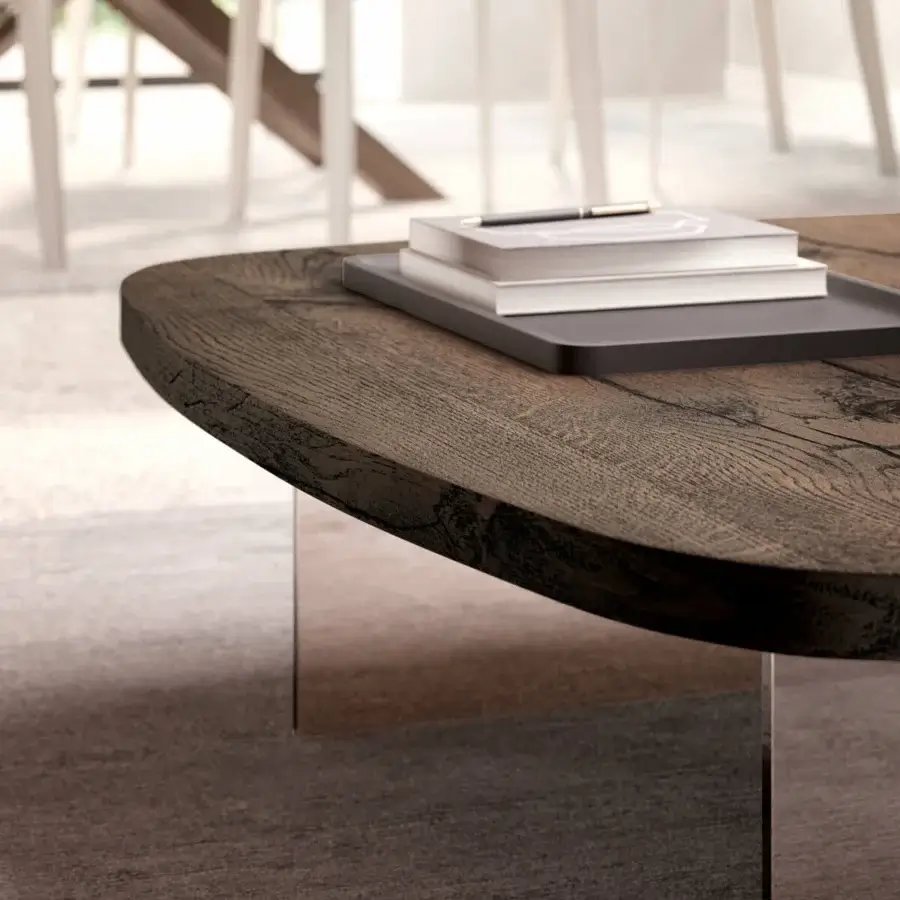 Exceptional Ozzio Italia Aurelius lift top coffee table with dark brown wood and clear glass legs crafted in Italy