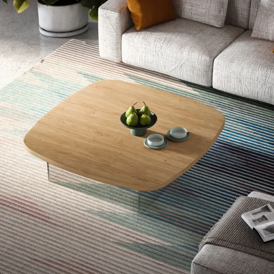 Superior Ozzio Italia Aurelius lift top coffee table with a natural wood tone and sleek glass legs in a smooth matte finish