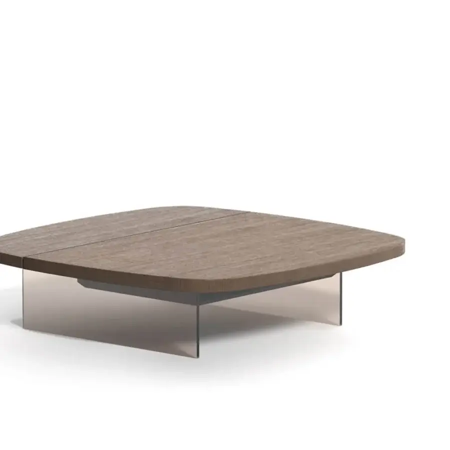 Elegant Ozzio Italia Aurelius lift top coffee table with medium brown wood and transparent glass legs in a matte finish