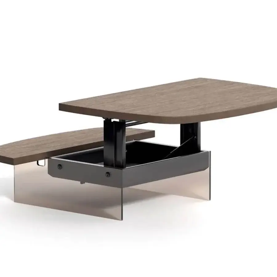 Distinguished Ozzio Italia Aurelius lift top coffee table with rounded edges and transparent glass legs in medium brown wood