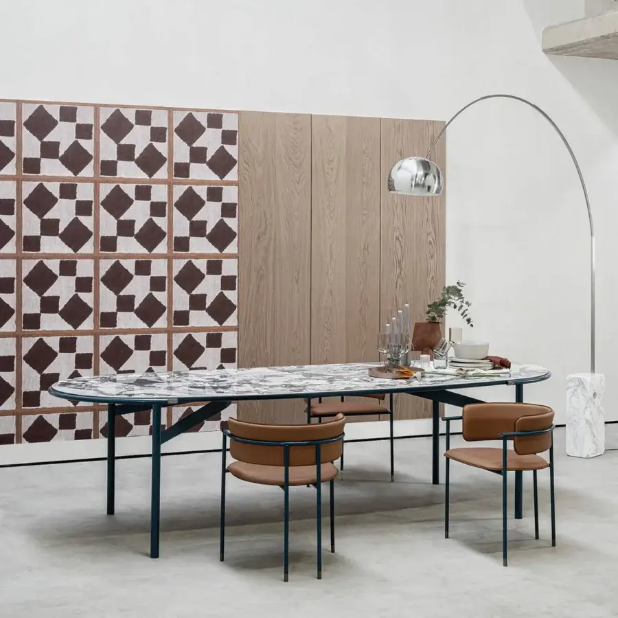 Superior Cierre1972 Mac table crafted in Italy with a marble-patterned oval top and sleek dark blue metal frame