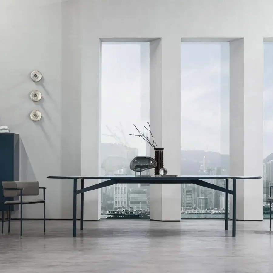 Distinguished Cierre1972 Mac table crafted in Italy with glossy dark blue-gray glass and geometric dark-toned frame