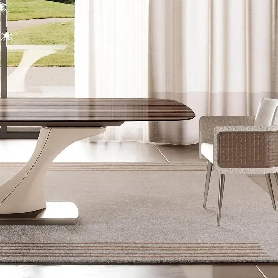 Superior Reflex Amet armchair with woven light neutral fabric, brown quilted back panel and slender satin metal legs