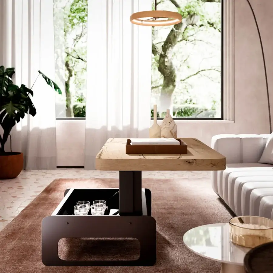 Innovative Ozzio Italia Bell lift top coffee table with a light-toned live-edge wood tabletop and sinuous black metal base