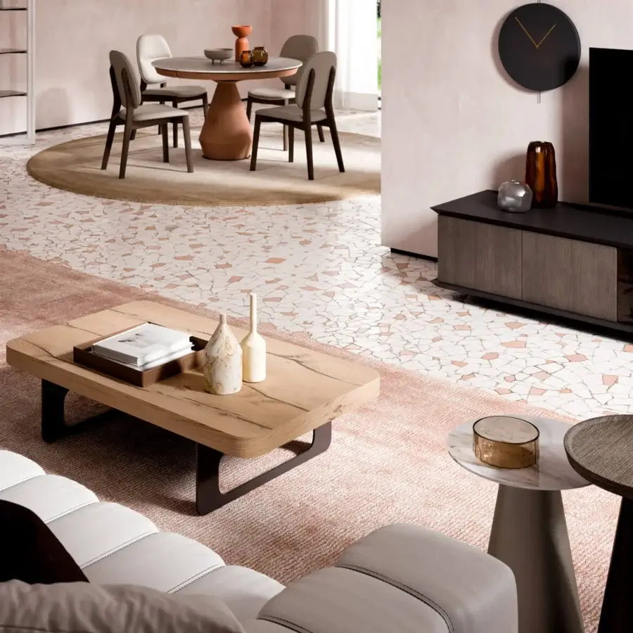 Exceptional Ozzio Italia Bell lift top coffee table in light-toned natural wood with a dark metal base and rounded corners