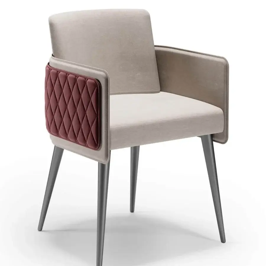 Superior Reflex Amet armchair with light beige luxury fabric, reddish-brown quilted leather and metallic finished oak legs