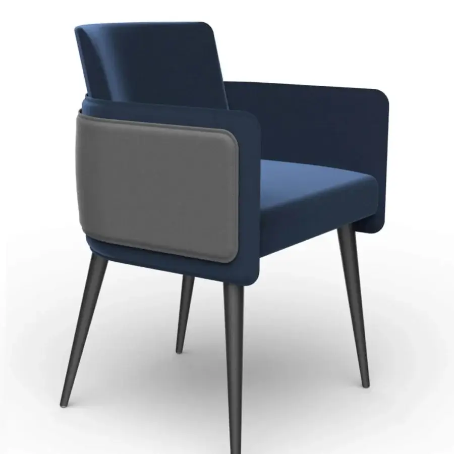 Distinguished Reflex Amet armchair with dark blue fabric upholstery and oak legs in a matte finish, crafted with a grey quilted back