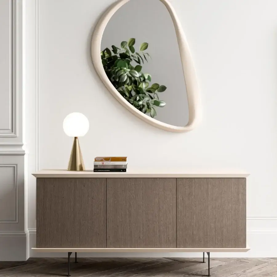 Exceptional Ozzio Italia Soho mirror with delicate asymmetric curves in light beige lacquered polyurethane finish