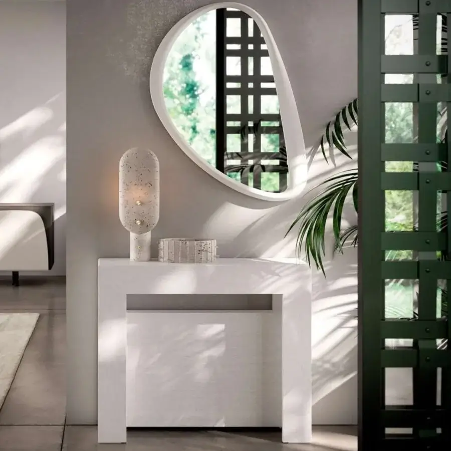 Distinguished Ozzio Italia Soho mirror with delicate asymmetric curves in glossy white lacquered polyurethane frame