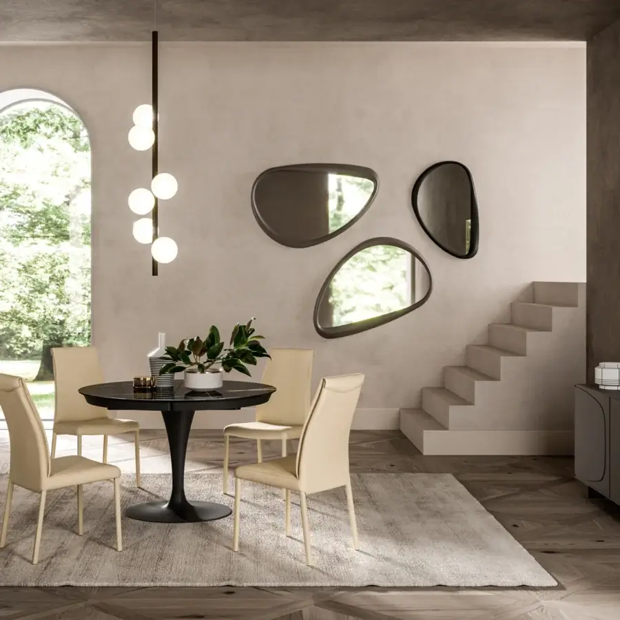 Exceptional Ozzio Italia Soho mirror with delicate asymmetric curves in dark brown lacquered polyurethane with matte finish