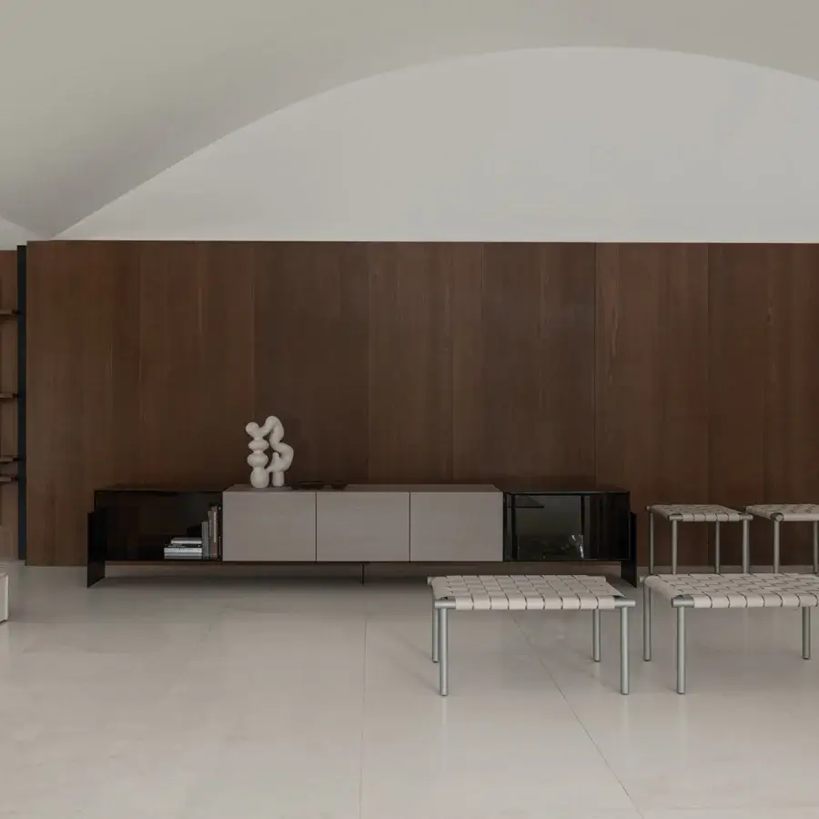 Harmonious Cierre1972 Fly sideboard with dark wood and light gray lacquered cabinets built with a sleek metal structure