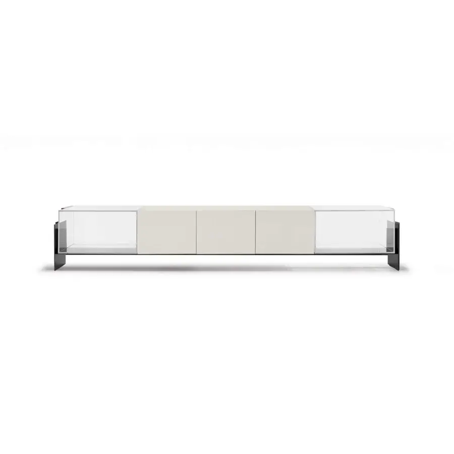 Distinguished Cierre1972 Fly sideboard with light cream lacquered finish, opaque panels and transparent glass sections with a black metal base