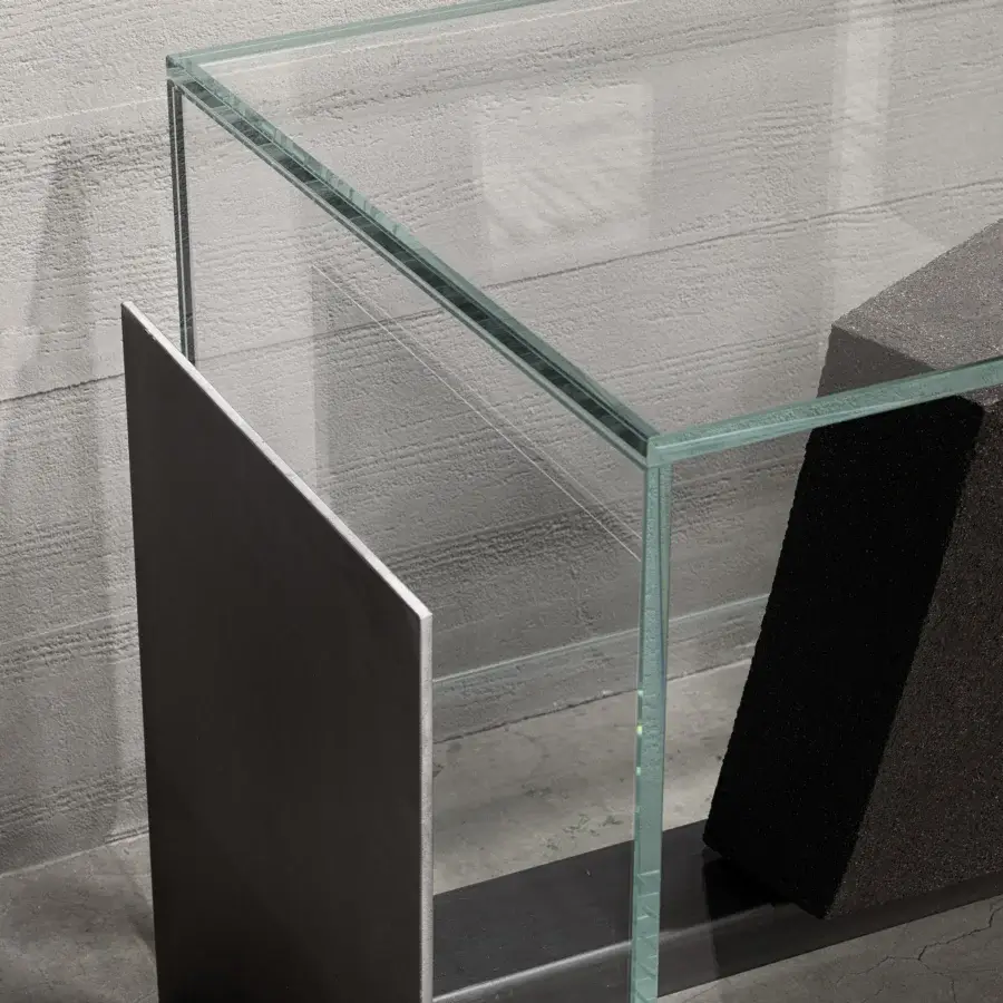 Elegant Cierre1972 Fly sideboard with sleek metal structure and transparent glass body, in lacquered light grey and dark grey