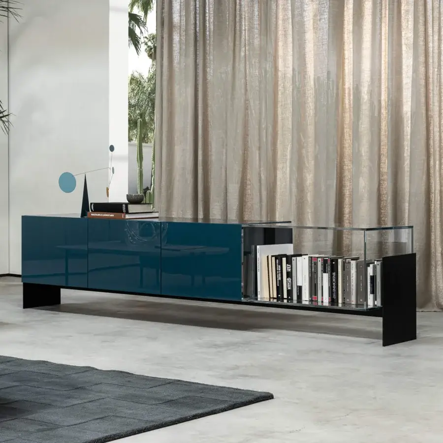 Captivating Cierre1972 Fly sideboard with cubic shapes, lacquered teal finish and transparent lightness from a sleek metal base