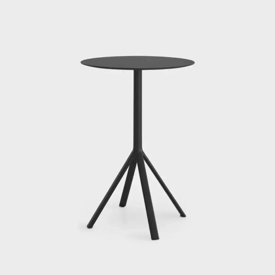 Elegant Lapalma Fork bar table with a round, beveled top and aluminum base in a uniformly black powder coated finish