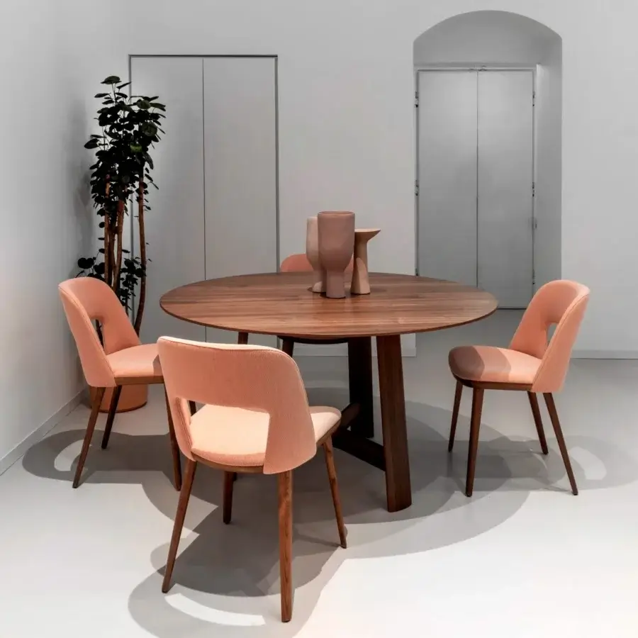 Superior Bross River table with a warm brown wood top and trestle base crafted in Italy with a smooth matte finish