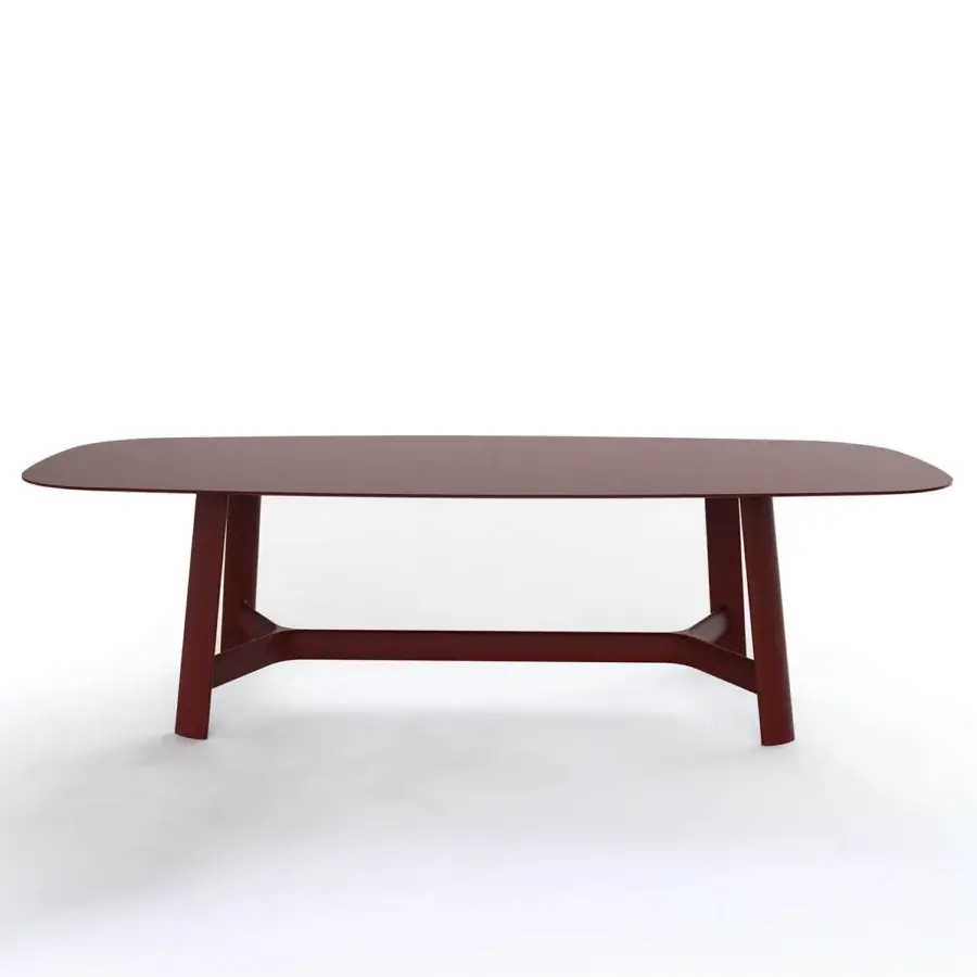 Exceptional Bross River table with a deep red wood base and luxurious oval top in a smooth matte finish