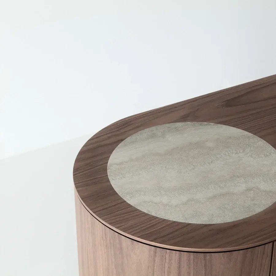 Distinguished Cierre1972 Lip sideboard crafted in wood with warm brown finish and circular marble detail