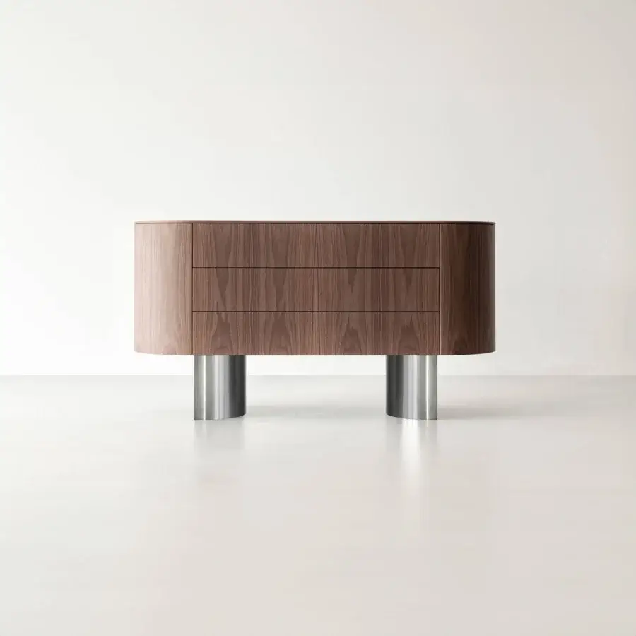 Elegant Cierre1972 Lip sideboard crafted in wood with warm medium-brown finish and cool brushed metallic base