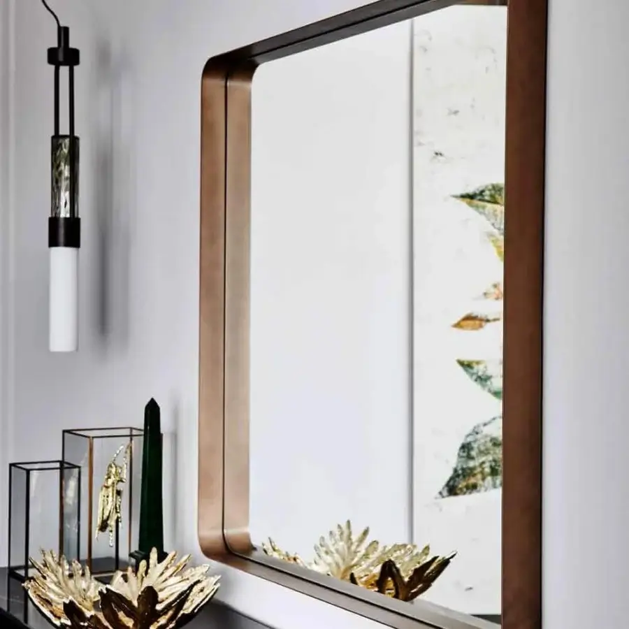 Distinguished Cattelan Italia Wish S mirror with rounded corners and brushed bronze lacquered steel frame