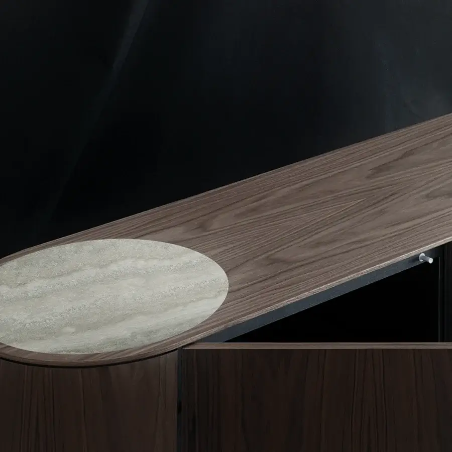 Distinguished Cierre1972 Lip sideboard crafted in medium brown wood with matte finish and swirling gray beige marble detail