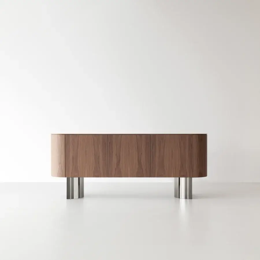 Superior Cierre1972 Lip sideboard with dark-brown matte finish and luxurious marble detail atop cylindrical metal legs