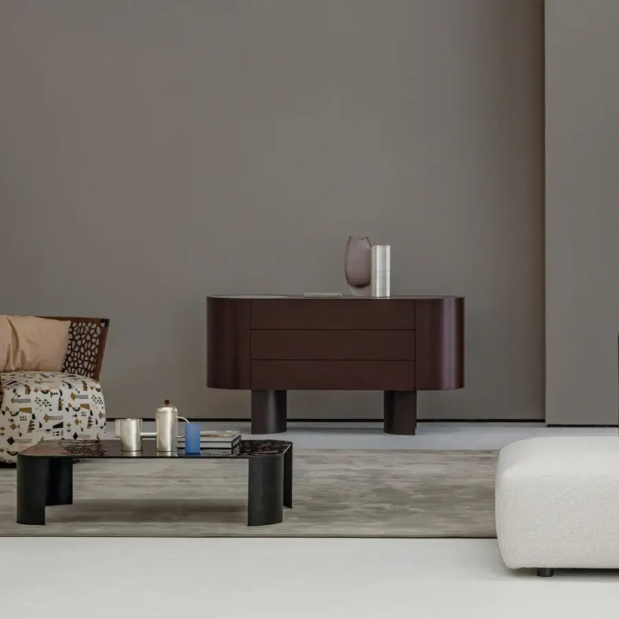 Distinguished Cierre1972 Lip sideboard with dark brown finish, crafted in Italy with a marble top and cylindrical legs