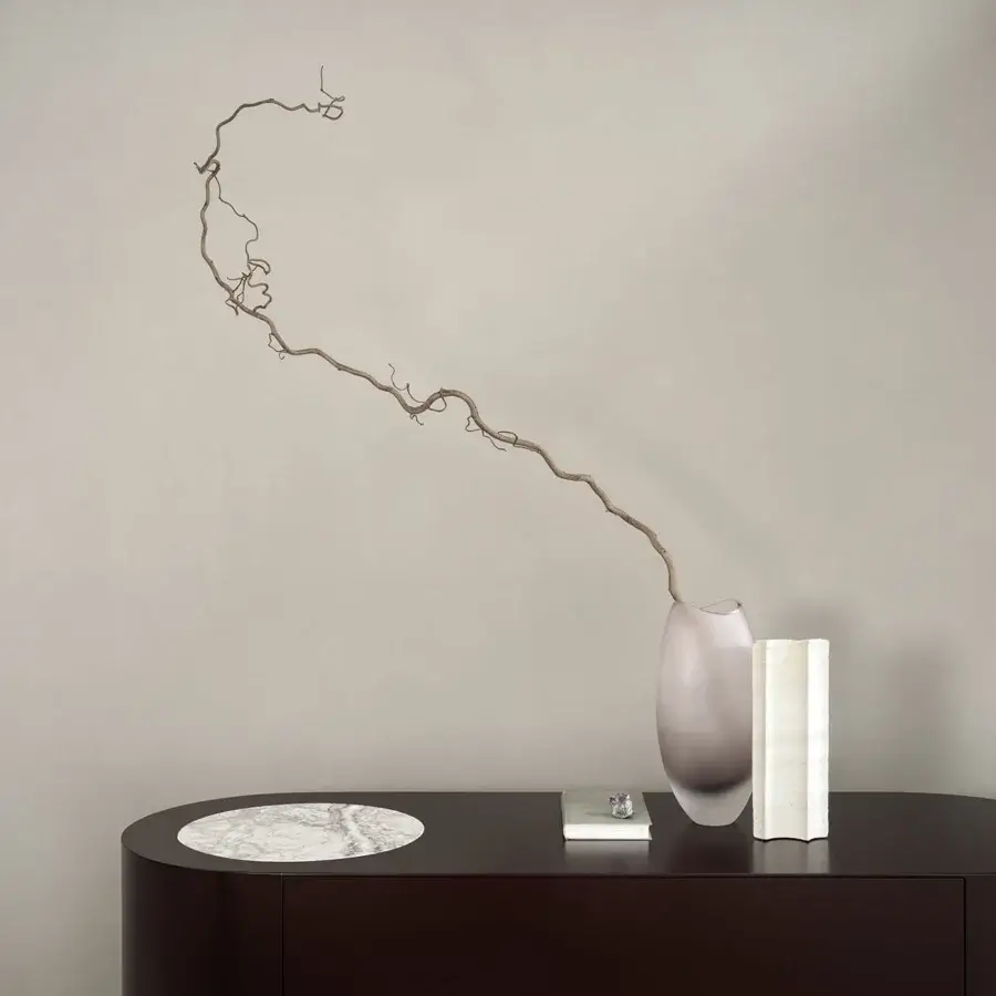Superior Cierre1972 Lip sideboard with dark brown stained finish and round white marble detail crafted in Italy
