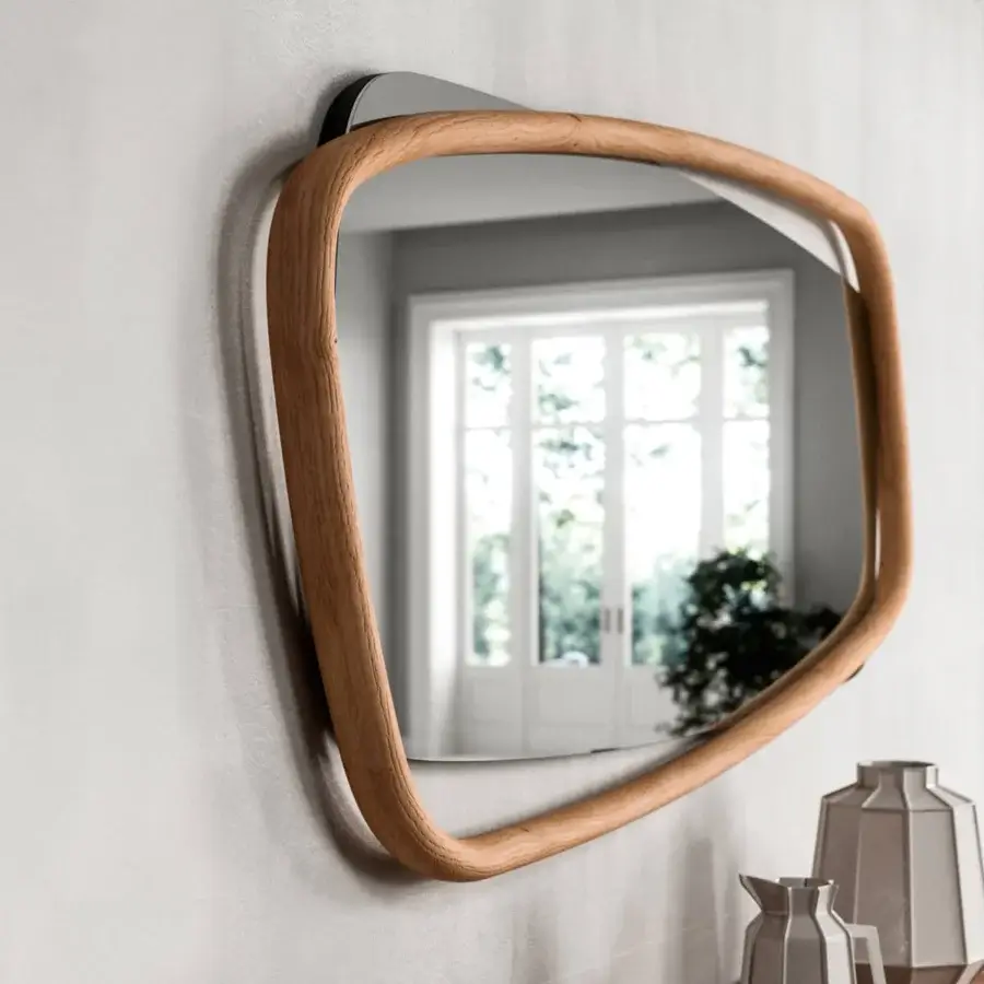 Distinctive Ozzio Italia Golden Wood mirror with a solid wood frame and light brown finish offers a contemporary silhouette