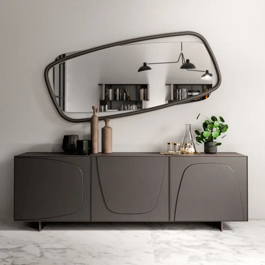 Captivating Ozzio Italia Golden Wood mirror crafted in solid wood with a dark gray matte finish and unique asymmetrical form