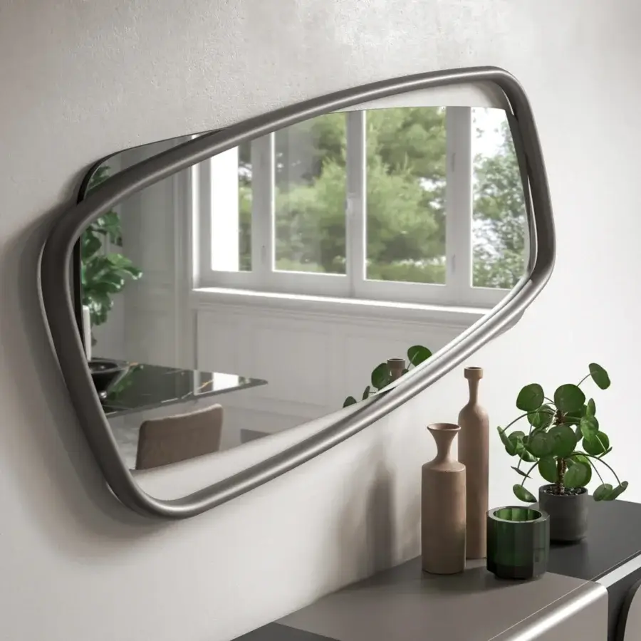 Distinguished Ozzio Italia Golden Wood mirror crafted in solid wood with a smooth medium gray finish and unique cut details