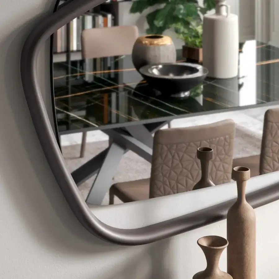 Exceptional Ozzio Italia Golden Wood mirror crafted in solid wood with a dark gray matte finish and unique cut
