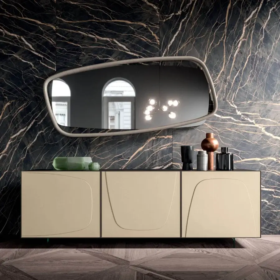 Superior Ozzio Italia Golden Wood mirror crafted in solid wood with an irregular rounded rectangular form and matte finish